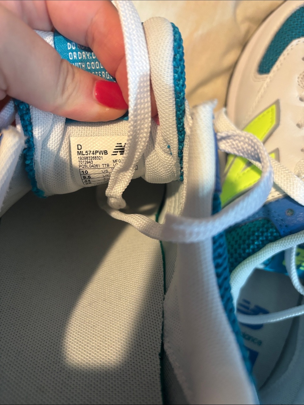 New Balance Teal, White & Yellow 574 men’s Athletic Sneakers - Picture 5 of 5